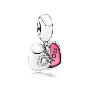 Pandora Sterling Silver You and Me Heart Dangle Charm w/ Pink Enamel 791244cz